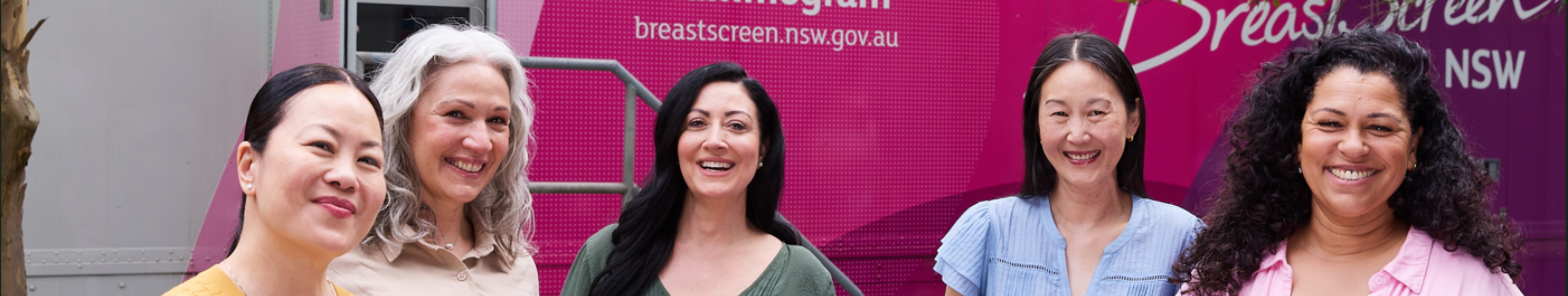 Four women standing in front of a BreastScreen NSW mobile van
