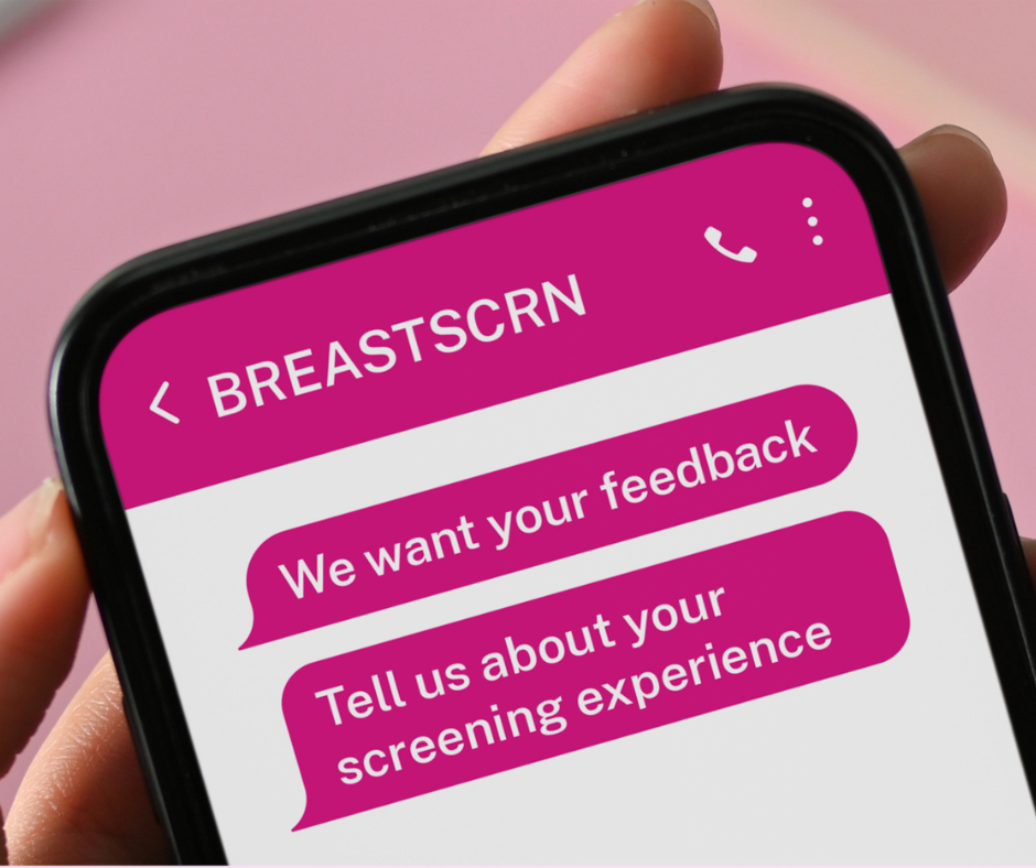 Phone screen displaying text message about client surbey